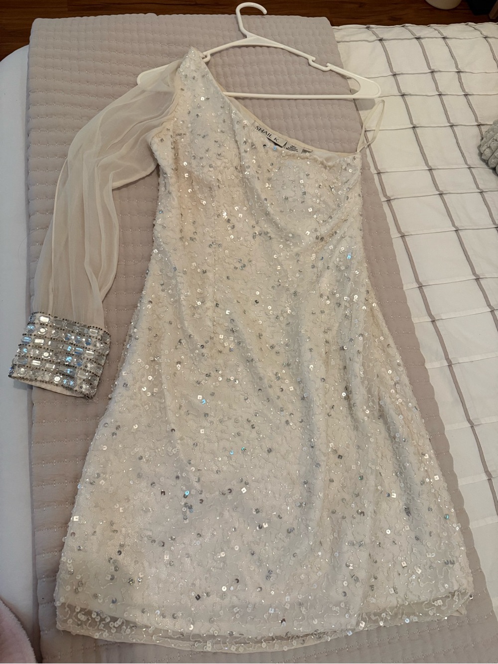 One-Shoulder Ivory Sequin Dress with Embellished Sheer Sleeve